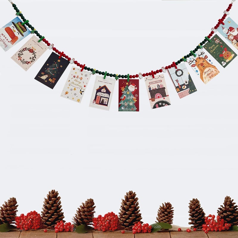 Kintyno Christmas Hanging Photo Display with 11 Clips, Wooden Beaded Christmas Tree Santa Wreath, Boho Collage Photo Frame Decoration for Dorm Room, Classroom, Bedroom - Image 3